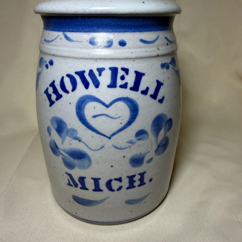 Howell Mich. Stoneware Crock with Blue Decoration
